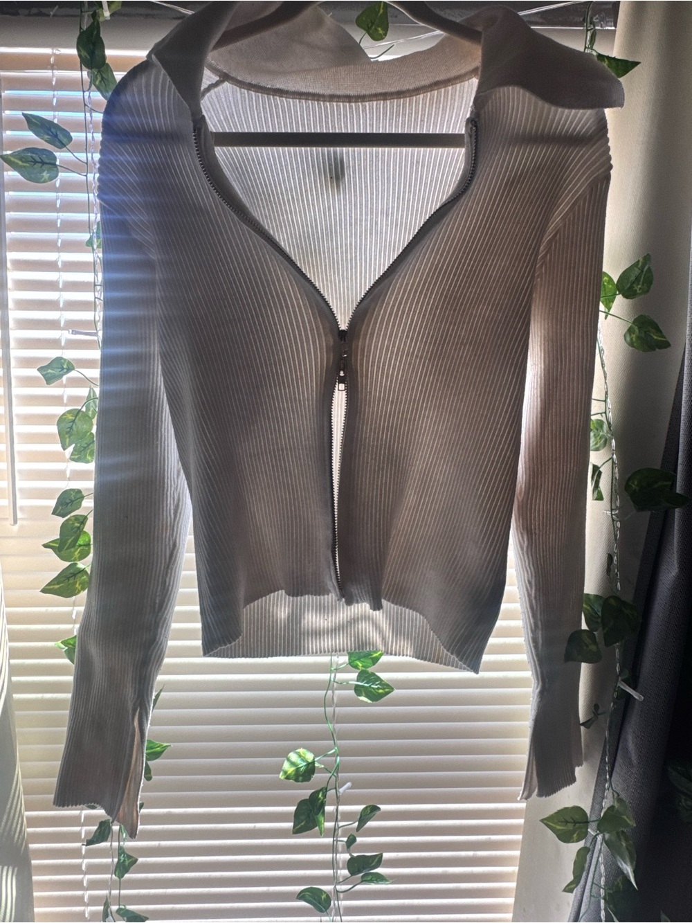 Ribbed Zip-Front Long Sleeve Top in Light Beige